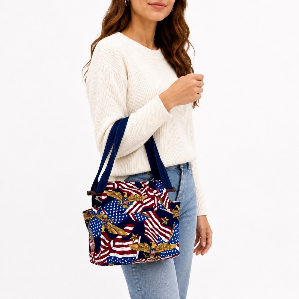 Vintage Patriotic Americana Shoulder Tote Bag Flag Eagle Fabric Wood Frame